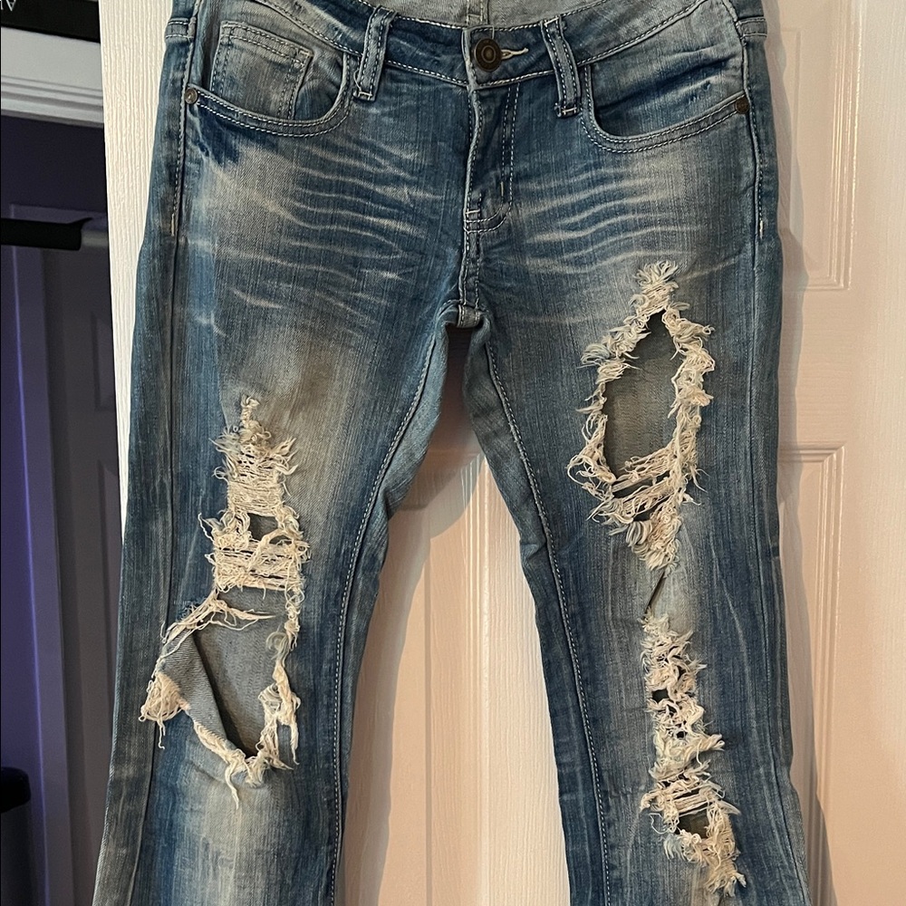 Distressed Boot Cut Jeans - Light Blue - Picture 2 of 3